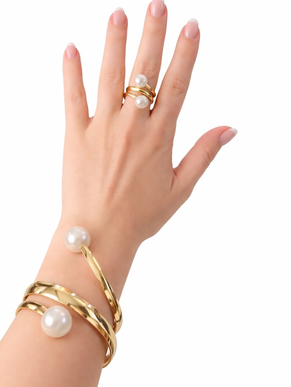 Gold Tone Pearl Cuff Bracelet & Adjustable Ring Set Modern Minimalist Statement